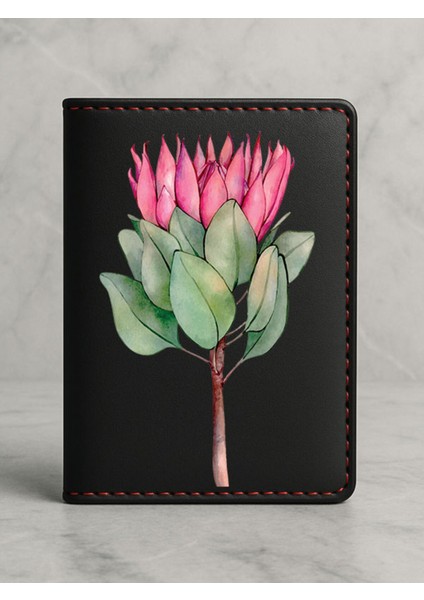 Ruhsat Koruyucu Baskılı Kart Bölmeli Siyah Vinlex Deri Ruhsat Kabı Kılıfı Pembe Çiçek