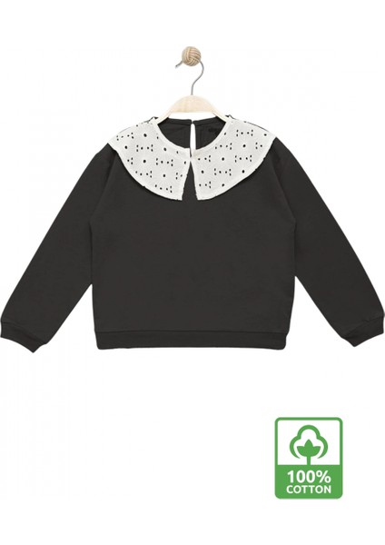 Kız Çocuk Brode Yaka %100 Pamuk Sweatshirt - Süs Brode Yakalı Çocuk Sweat