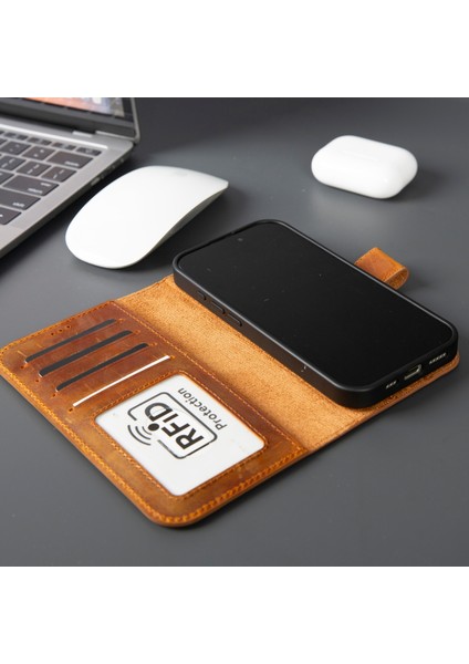 iPhone 17 Hakiki Deri Mıknatıslı Cüzdan Kılıf – Magsafe Uyumlu, Rfıd Korumalı, El Yapımı