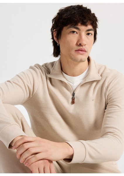 Fermuarlı Yaka Ekru Erkek Sweatshırt M4WM-SWT-1560