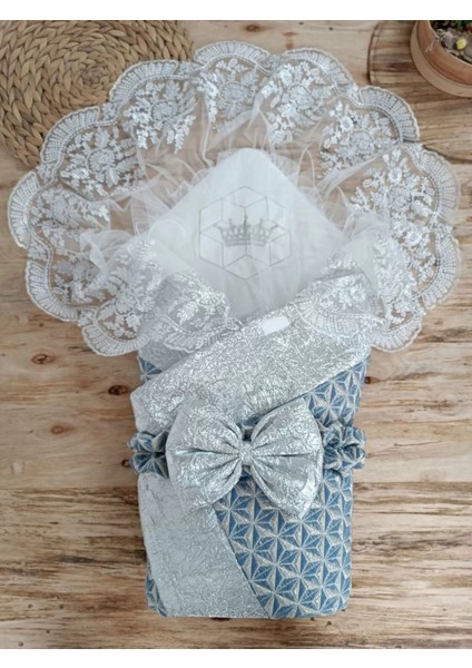 Litaetrend Yenidoğan Piramit Desenli Güpür Işlemeli Bebek Battaniyesi Kundak Gümüş