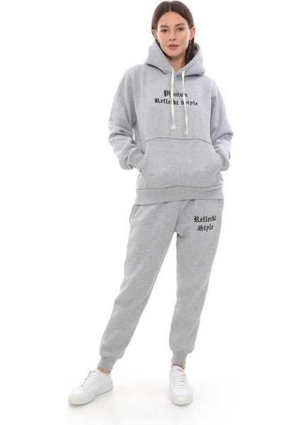 Kadın Kapüşonlu Kanguru Cep Şardonlu 3 Iplik Kışlık Içi Polarlı Günlük Eşofman Takım