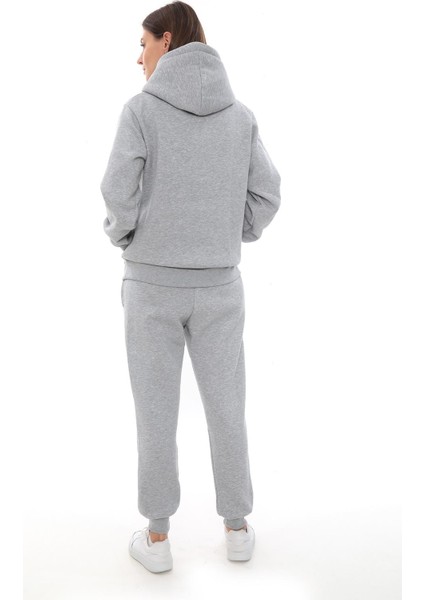 Kadın Kapüşonlu Kanguru Cep Şardonlu 3 Iplik Kışlık Içi Polarlı Günlük Eşofman Takım