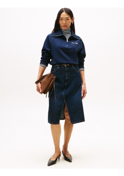 Fermuarlı Yaka Baskılı Mavi Kadın Sweatshırt WW0WW46632C1G