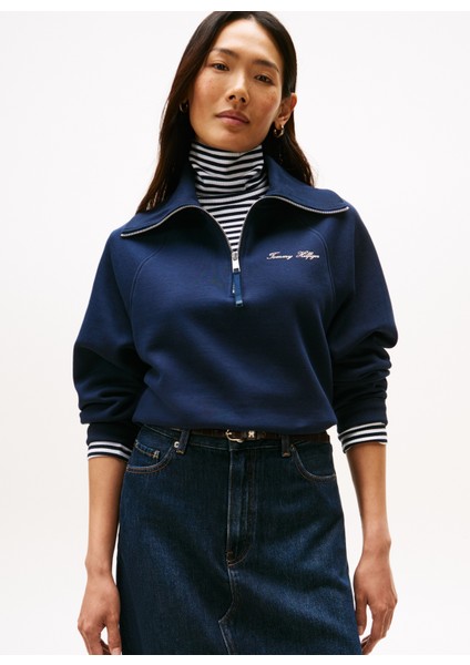 Fermuarlı Yaka Baskılı Mavi Kadın Sweatshırt WW0WW46632C1G fiyatları