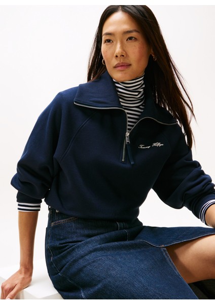 Fermuarlı Yaka Baskılı Mavi Kadın Sweatshırt WW0WW46632C1G modelleri