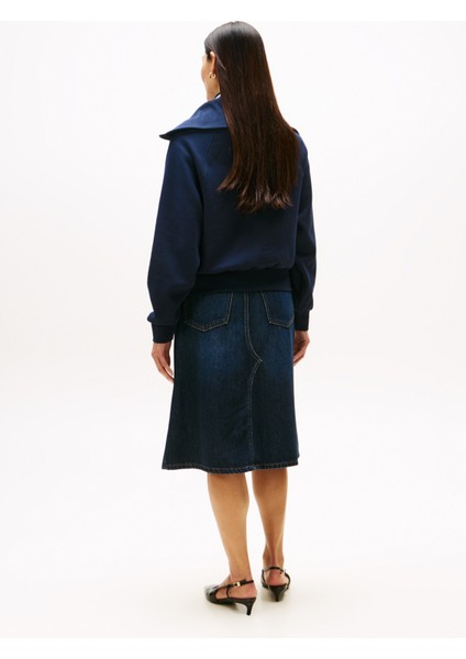 Fermuarlı Yaka Baskılı Mavi Kadın Sweatshırt WW0WW46632C1G fırsatları