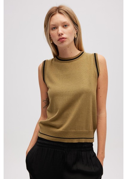 Rina Düz Örgü Kadın Triko Kolsuz Bluz - Zeytin Yeşili fiyatları