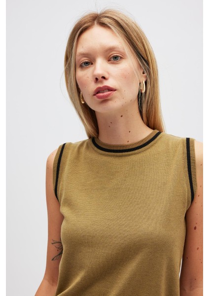 Rina Düz Örgü Kadın Triko Kolsuz Bluz - Zeytin Yeşili modelleri