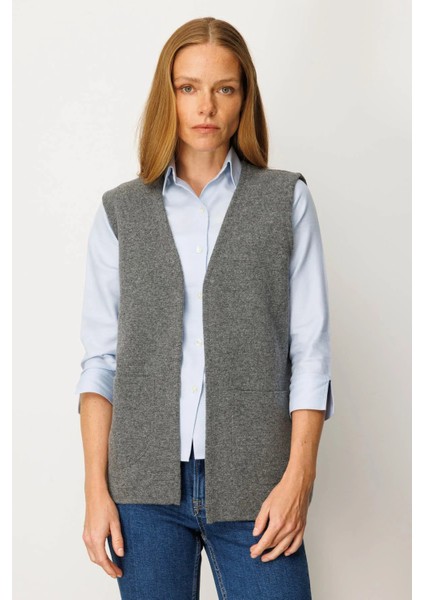 Kadın V Yaka Çelik Örgü Yün Anne Yelek 25044 Füme