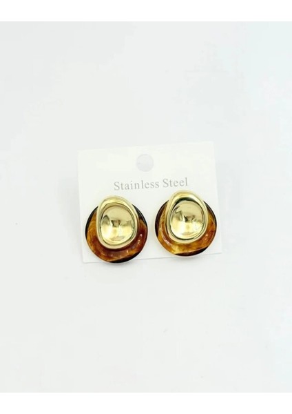 Gold ve Kahverengi Detaylı Modern Vintage Küpe