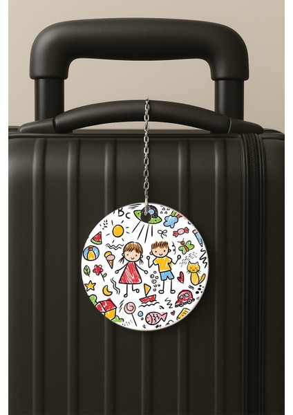 Çocukların Dünyası Desenli Uv Baskılı Pleksi Bavul Etiketi Seyahat Tatil Valiz Etiketi