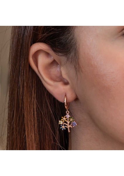 Gümüş Rose Renkli Taşlı Hayat Ağacı Kadın Küpe fırsatları