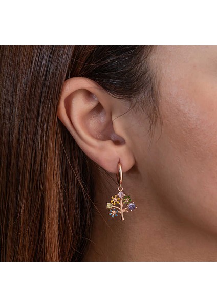 Gümüş Rose Renkli Taşlı Hayat Ağacı Kadın Küpe