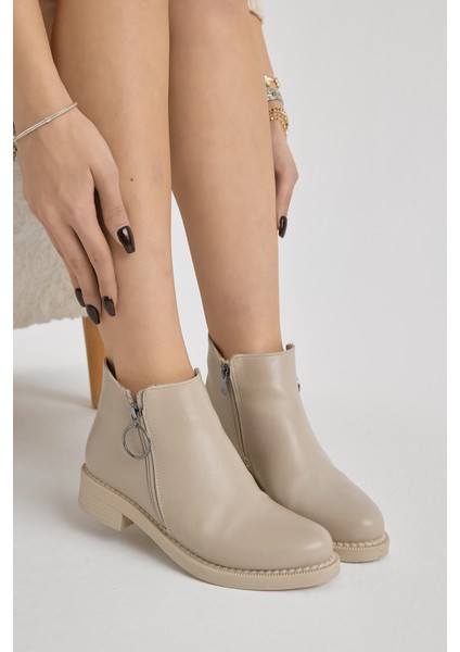 Kadın Bej Cilt Kalın Termo Taban Yanı Fermuar Detaylı Bot