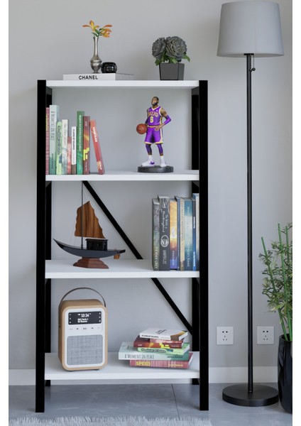 4 Katlı Metal Çerçeveli Kitaplık, Dekoratif Raf Ünitesi, Modern Salon ve Ofis Rafı Destekli