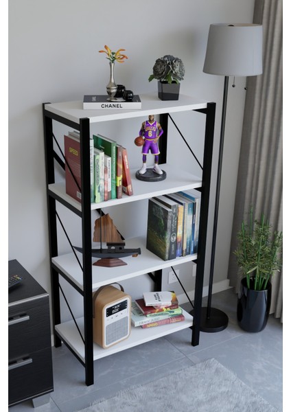 4 Katlı Metal Çerçeveli Kitaplık, Dekoratif Raf Ünitesi, Modern Salon ve Ofis Rafı Destekli fiyatları