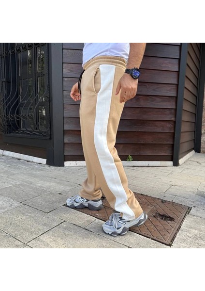 Erkek Üç Iplik Kışlık Pamuklu Yandan Garneli Kalın Şeritli Cepli Eşofman Altı - Bej fiyatları