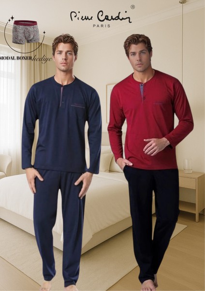Erkek %100 Pamuk Penye Bordo & Lacivert 2 Adet Uzun Kol Pijama Takımı (Modal Boxer Hediye)