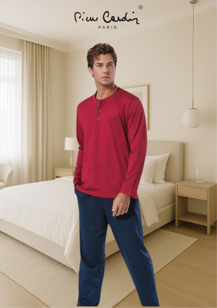 Erkek %100 Pamuk Penye Bordo & Lacivert 2 Adet Uzun Kol Pijama Takımı (Modal Boxer Hediye) fırsatları