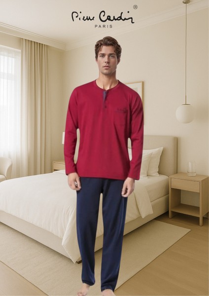 Erkek %100 Pamuk Penye Bordo & Lacivert 2 Adet Uzun Kol Pijama Takımı (Modal Boxer Hediye)