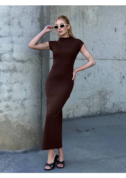 Kadın Yarım Balıkçı Yaka Kısa Kol Midi Elbise Vücudu Saran Fit Basic Elbise modelleri