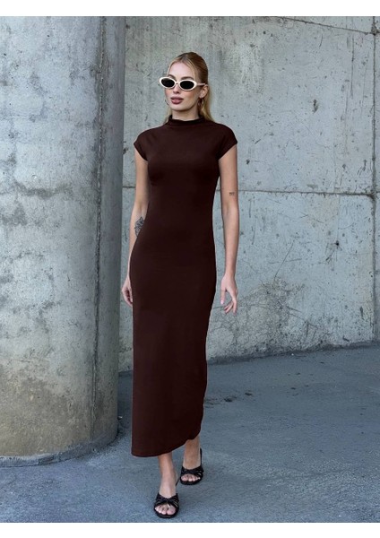 Kadın Yarım Balıkçı Yaka Kısa Kol Midi Elbise Vücudu Saran Fit Basic Elbise indirimleri