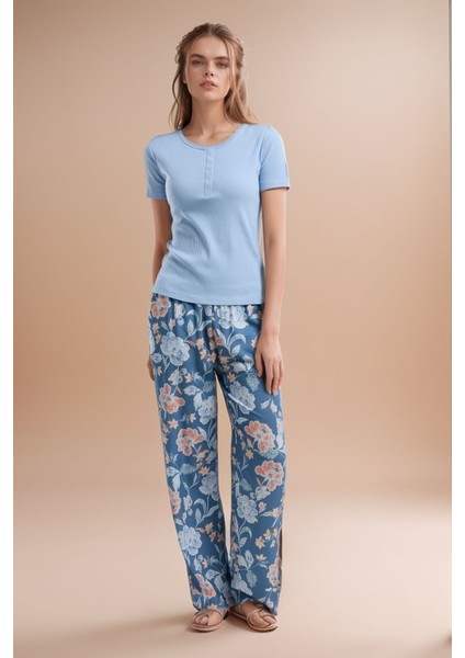Kadın Giyim Kısa Kollu Desenli Alt & Üst Mavi Pijama Takımı LL.AR01.NE00.TT01