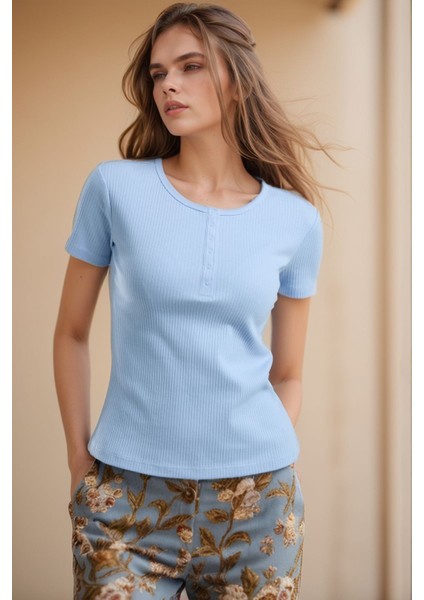 Kadın Giyim Kısa Kollu Desenli Alt & Üst Mavi Pijama Takımı LL.AR01.NE00.TT01 modelleri