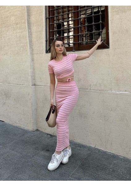 Çizgili Etekli Takım Pembe S3609 fırsatları