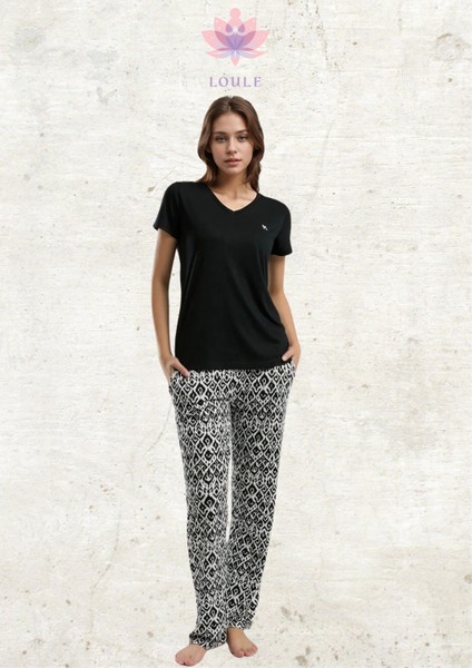 Kadın Giyim Kısa Kollu V Yaka Siyah Pijama Takımı L1.AR.324.0.001