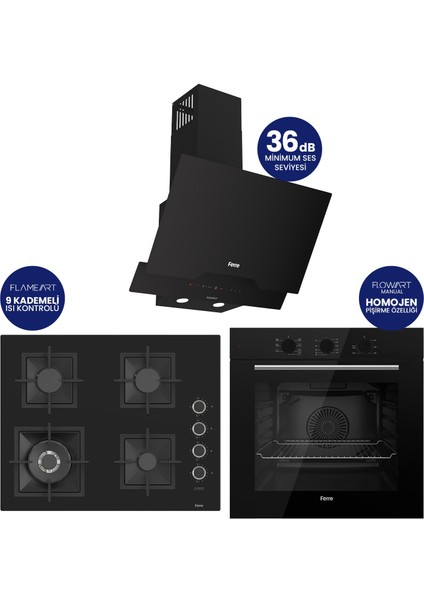 Flowart Turbolu Silenart Siyah Cam Ankastre Set ( 65 cm Woklu Ocak ) QBL62CS - SC405 - D063SA