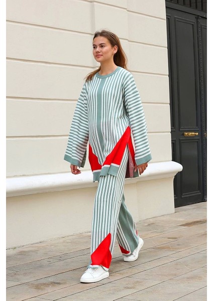 Çizgili Bisiklet Yaka Triko Takım Mint fiyatları