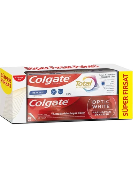 Total Aktif Koruma Diş Macunu 50 ml + Optic White Parıldayan Beyazlık Diş Macunu 50 ml