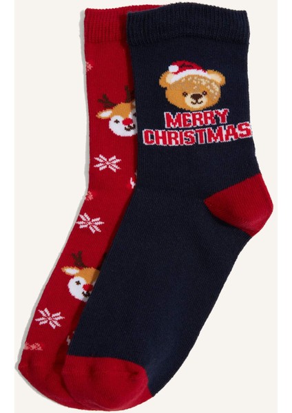 Erkek Çocuk Yılbaşı Temalı 2'li Pamuklu Uzun Çorap G3990A8NS