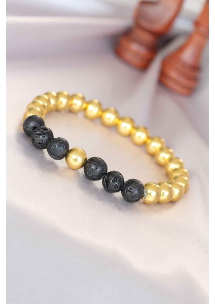 Lav Doğal Taş Detaylı Hematit Gold Renk Erkek Bileklik