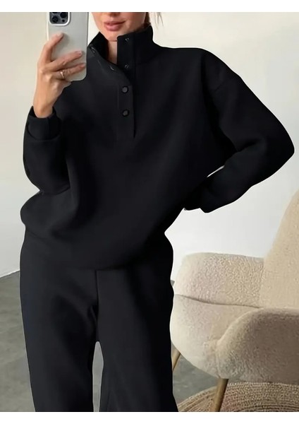 Kadın Uzun Kollu Balıkçı Dik Yakalı Düğmeli Üç Iplik Bluz ve Pantolon Ikili Takım