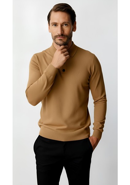 Bej Standart Fit Dar Kalıp Polo Yaka Düz Uzun Kollu Triko fırsatları