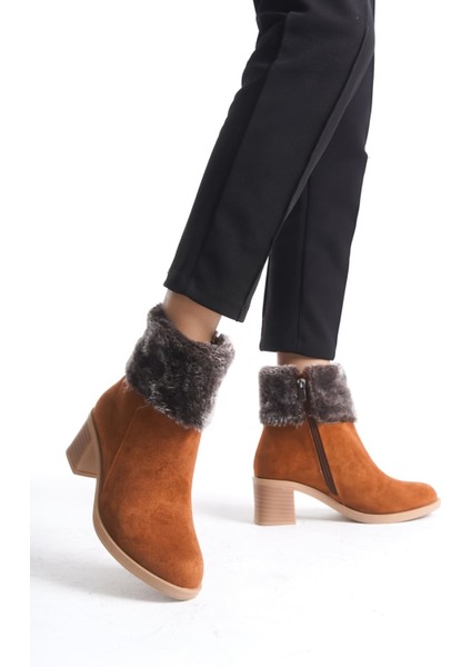 Katya Fermuarlı Ortopedik Taban Topuklu Kürk Detaylı Süet Kadın Bot Stt - Taba
