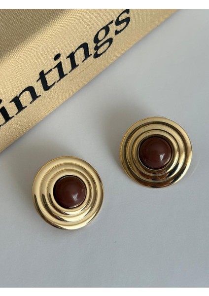 Vintage Yuvarlak Şerit Model Kahverengi Gold Çelik Küpe