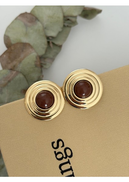 Vintage Yuvarlak Şerit Model Kahverengi Gold Çelik Küpe modelleri