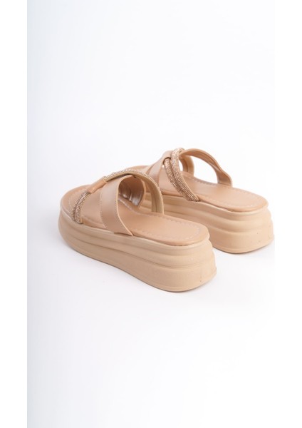 Ruby Düz Topuklu Taşlı Çapraz Şeritli Kalın ve Ortopedik Taban Kadın Terlik Ctt - Ten fırsatları