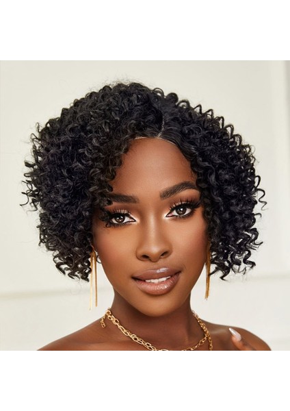 Siyah Kısa Afro Yan Tül Peruk modelleri