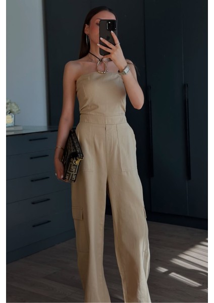 Kadın Kargo Cepli Vücuda Oturan Straplez Tulum