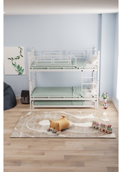 Defne Yavrulu Genç Çocuk Yatak Odası Metal Ranza ve Karyola Beyaz