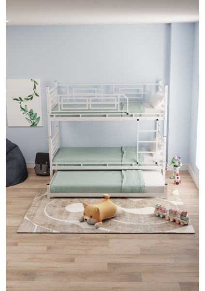 Defne Yavrulu Genç Çocuk Yatak Odası Metal Ranza ve Karyola Beyaz