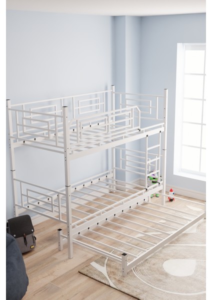 Defne Yavrulu Genç Çocuk Yatak Odası Metal Ranza ve Karyola Beyaz