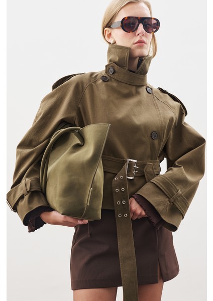 Kemerli Kısa Trençkot Haki