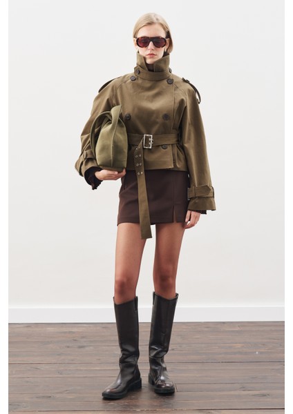 Kemerli Kısa Trençkot Haki modelleri