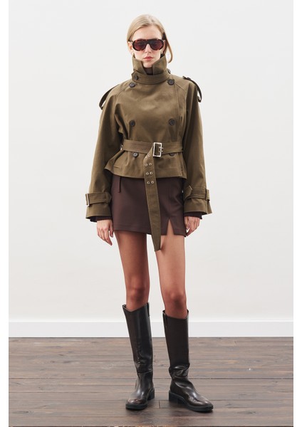 Kemerli Kısa Trençkot Haki fırsatları